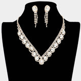 Oval Stone Accented V Shaped Rhinestone Necklace Clip on Earring Set - Madeline Love - Flyclothing LLC