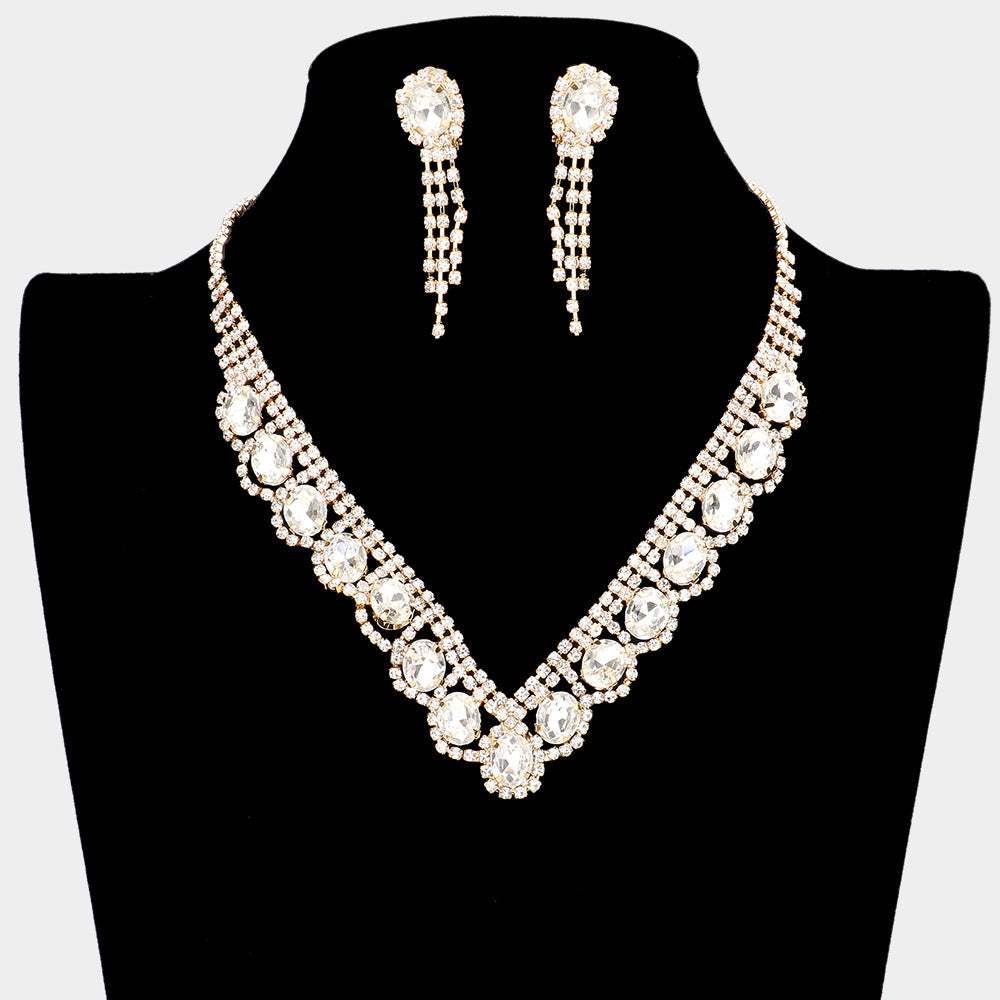 Oval Stone Accented V Shaped Rhinestone Necklace Clip on Earring Set - Madeline Love - Flyclothing LLC