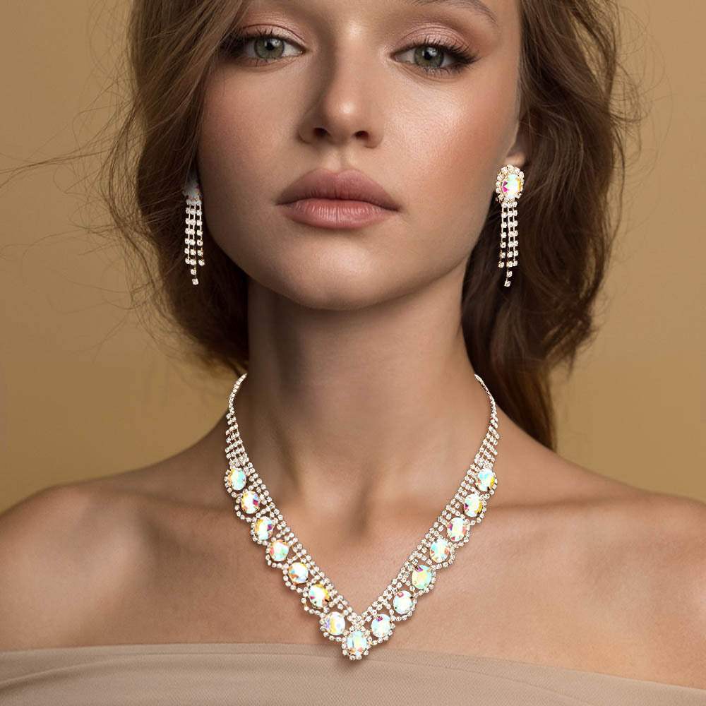 Oval Stone Accented V Shaped Rhinestone Necklace Clip on Earring Set - Madeline Love - Flyclothing LLC
