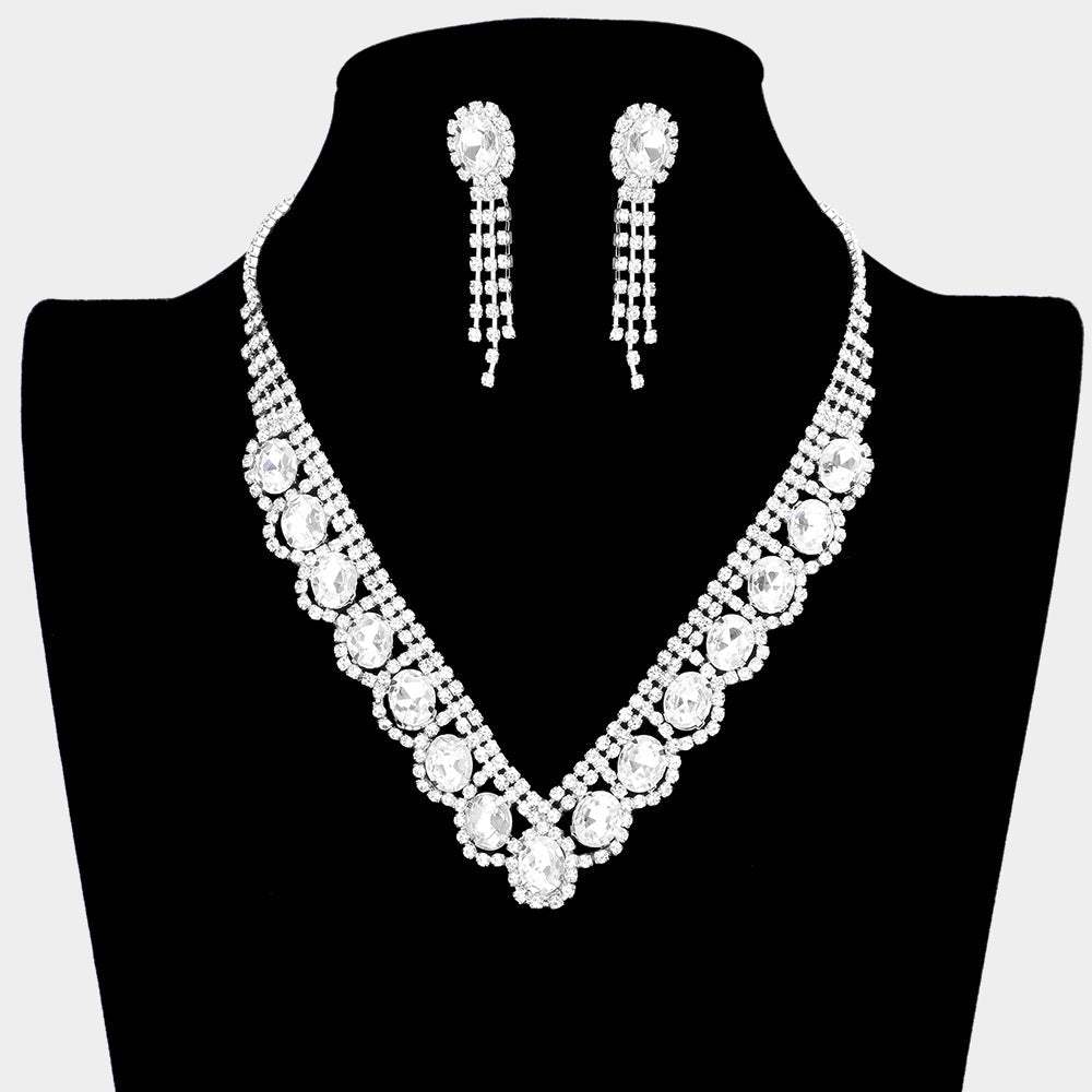 Oval Stone Accented V Shaped Rhinestone Necklace - Madeline Love - Flyclothing LLC