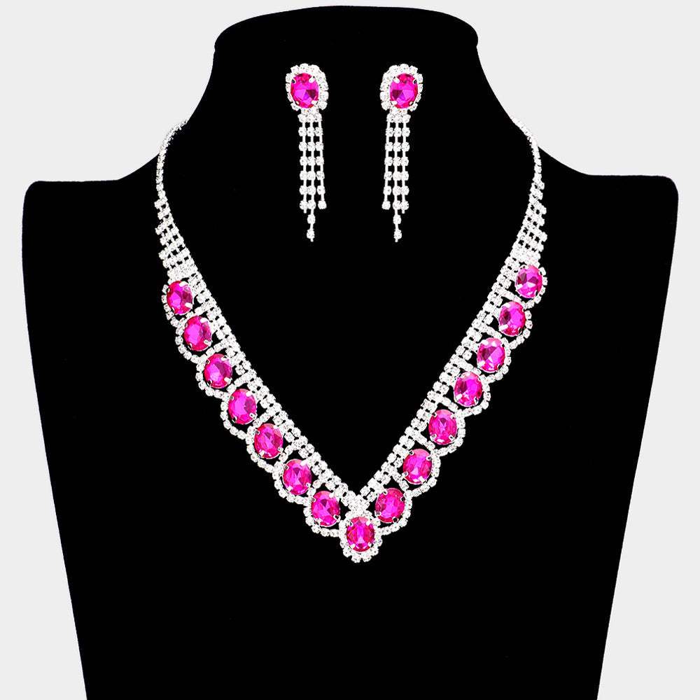 Oval Stone Accented V Shaped Rhinestone Necklace - Madeline Love - Flyclothing LLC