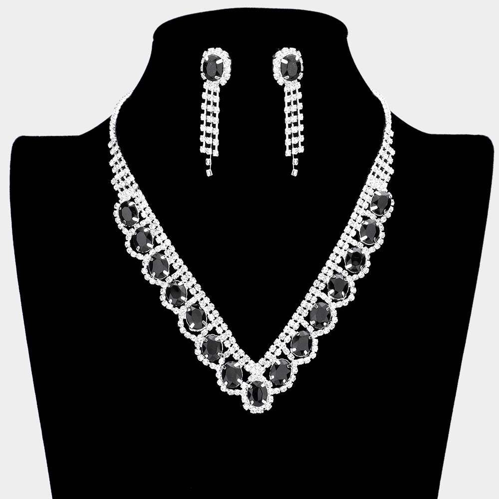 Oval Stone Accented V Shaped Rhinestone Necklace - Madeline Love - Flyclothing LLC