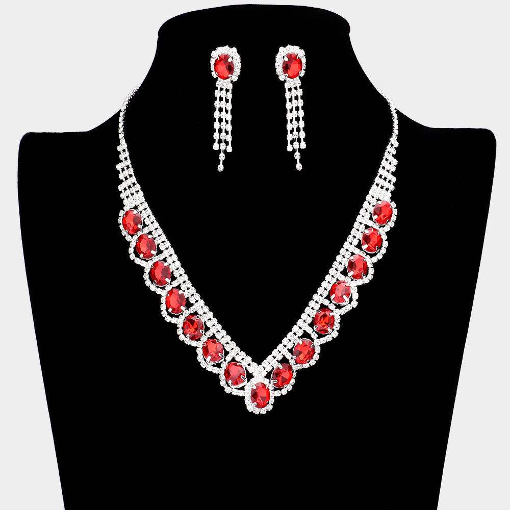 Oval Stone Accented V Shaped Rhinestone Necklace - Madeline Love - Flyclothing LLC