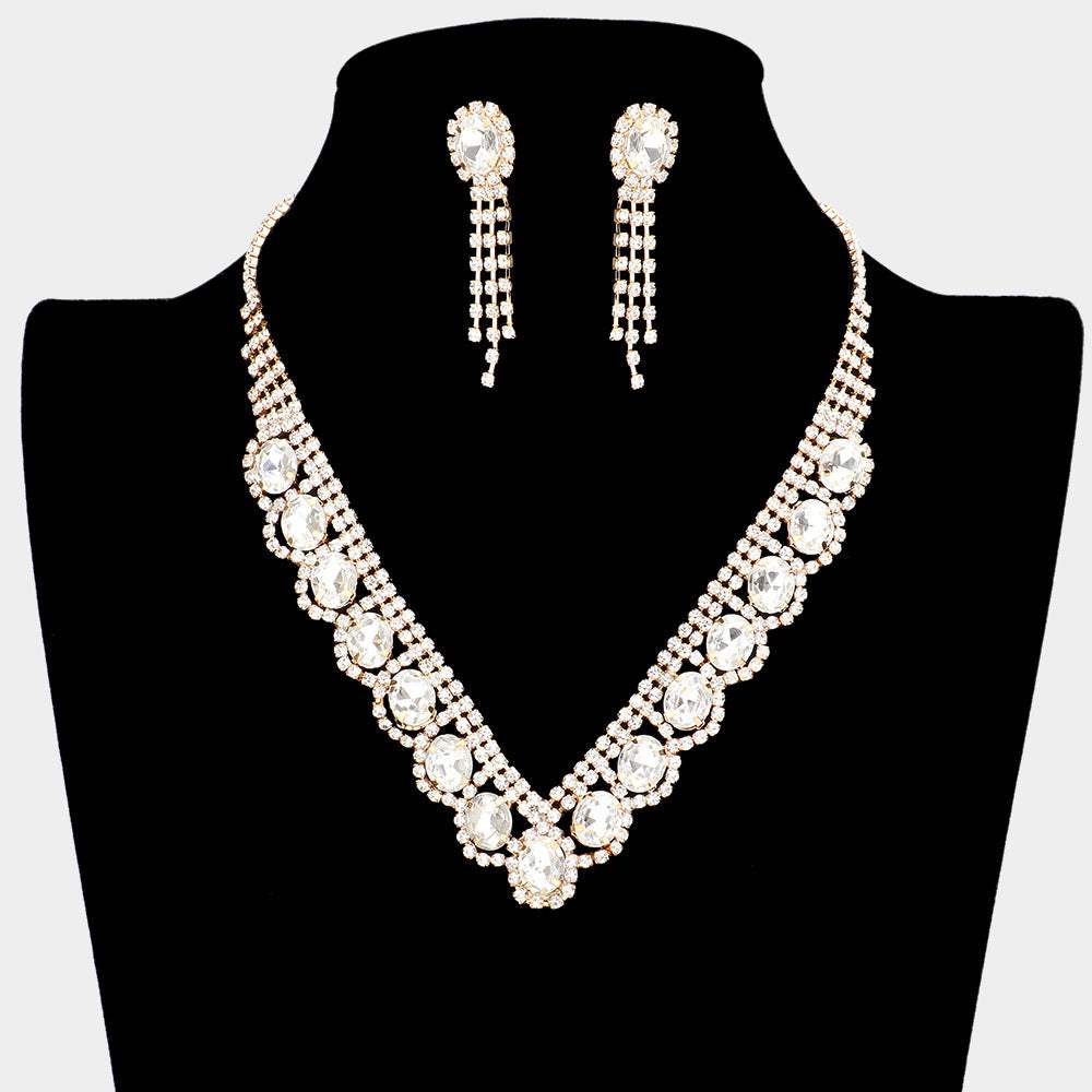 Oval Stone Accented V Shaped Rhinestone Necklace - Madeline Love - Flyclothing LLC