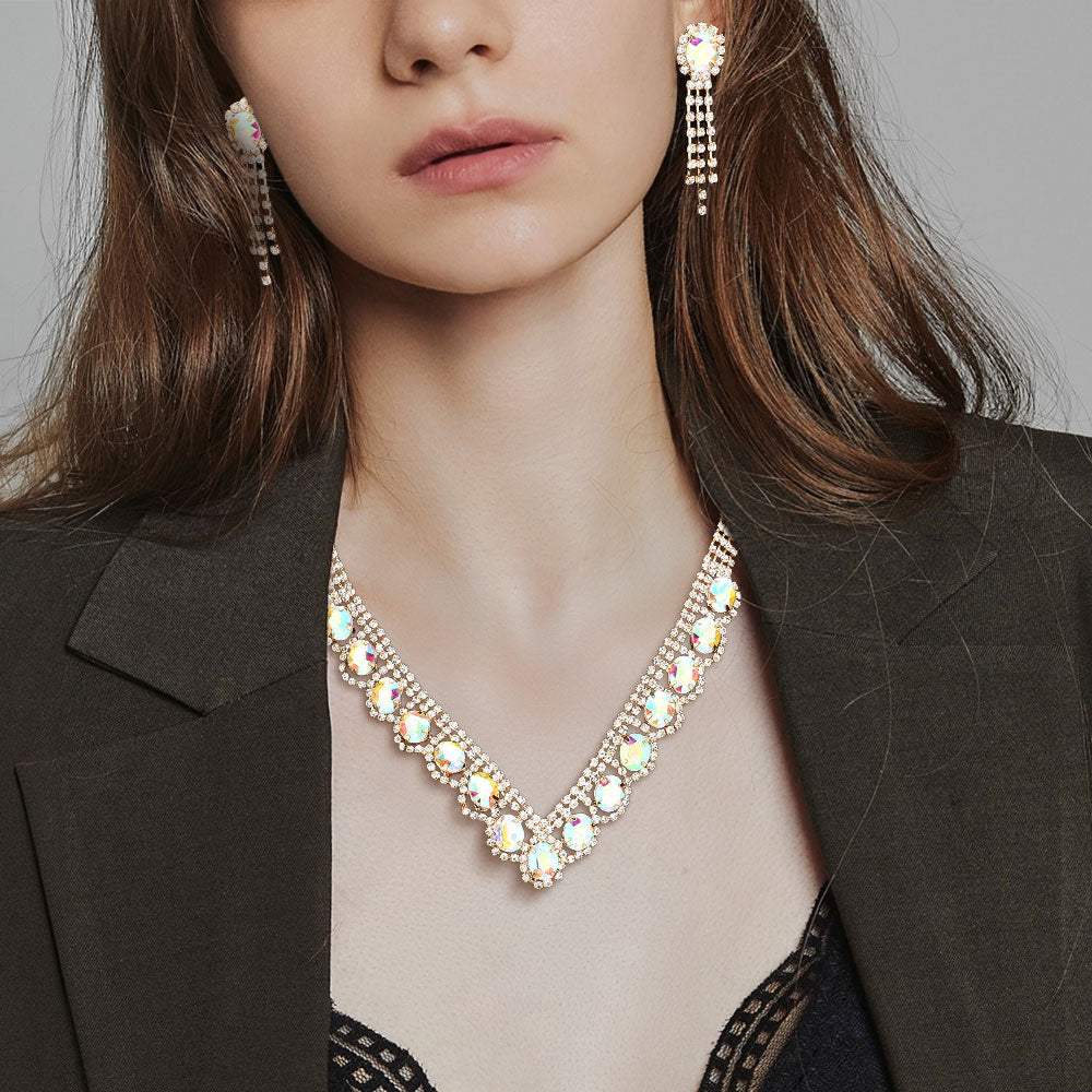 Oval Stone Accented V Shaped Rhinestone Necklace - Madeline Love - Flyclothing LLC