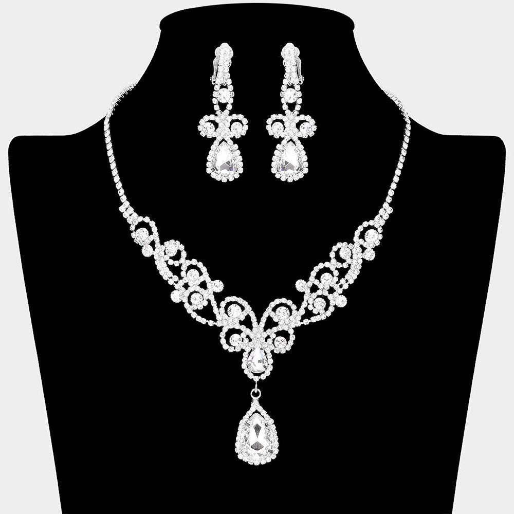 Teardrop Crystal Rhinestone Vine Drop Collar Necklace Clip on Earring Set - Madeline Love - Flyclothing LLC