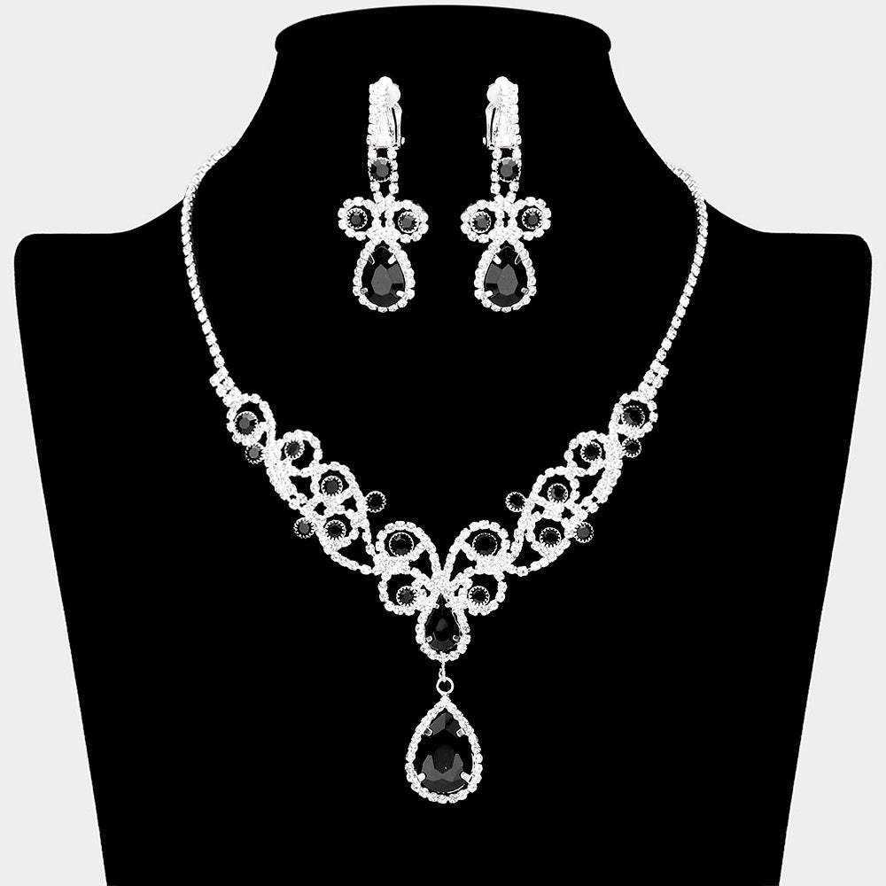 Teardrop Crystal Rhinestone Vine Drop Collar Necklace Clip on Earring Set - Madeline Love - Flyclothing LLC