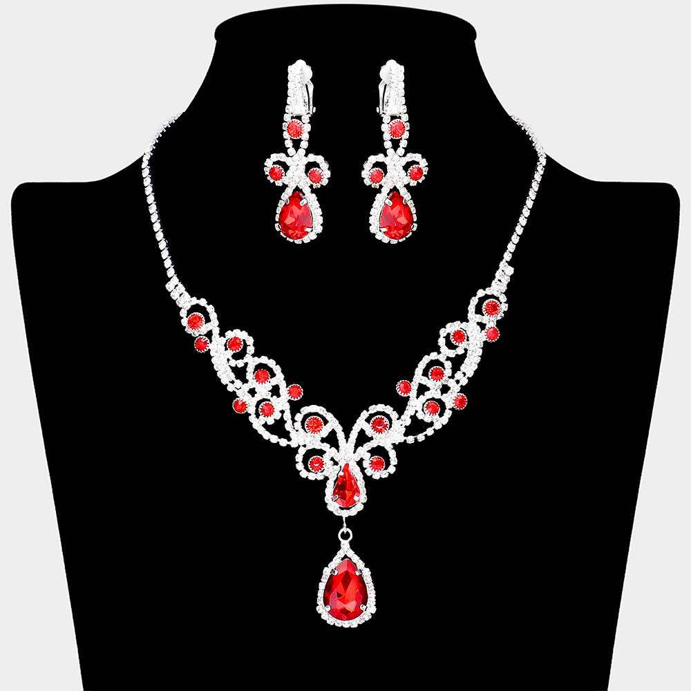 Teardrop Crystal Rhinestone Vine Drop Collar Necklace Clip on Earring Set - Madeline Love - Flyclothing LLC