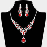 Teardrop Crystal Rhinestone Vine Drop Collar Necklace Clip on Earring Set - Madeline Love - Flyclothing LLC