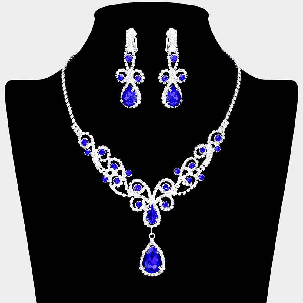 Teardrop Crystal Rhinestone Vine Drop Collar Necklace Clip on Earring Set - Madeline Love - Flyclothing LLC