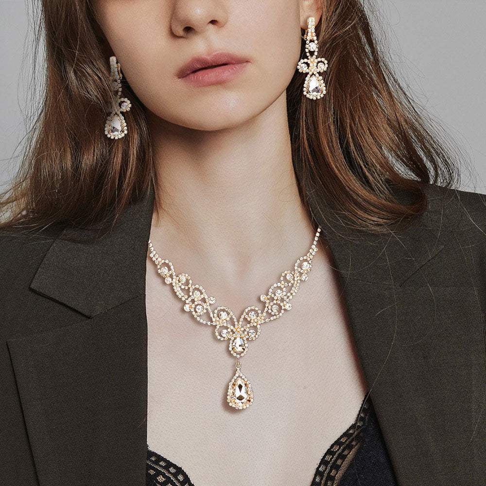 Teardrop Crystal Rhinestone Vine Drop Collar Necklace Clip on Earring Set - Madeline Love - Flyclothing LLC