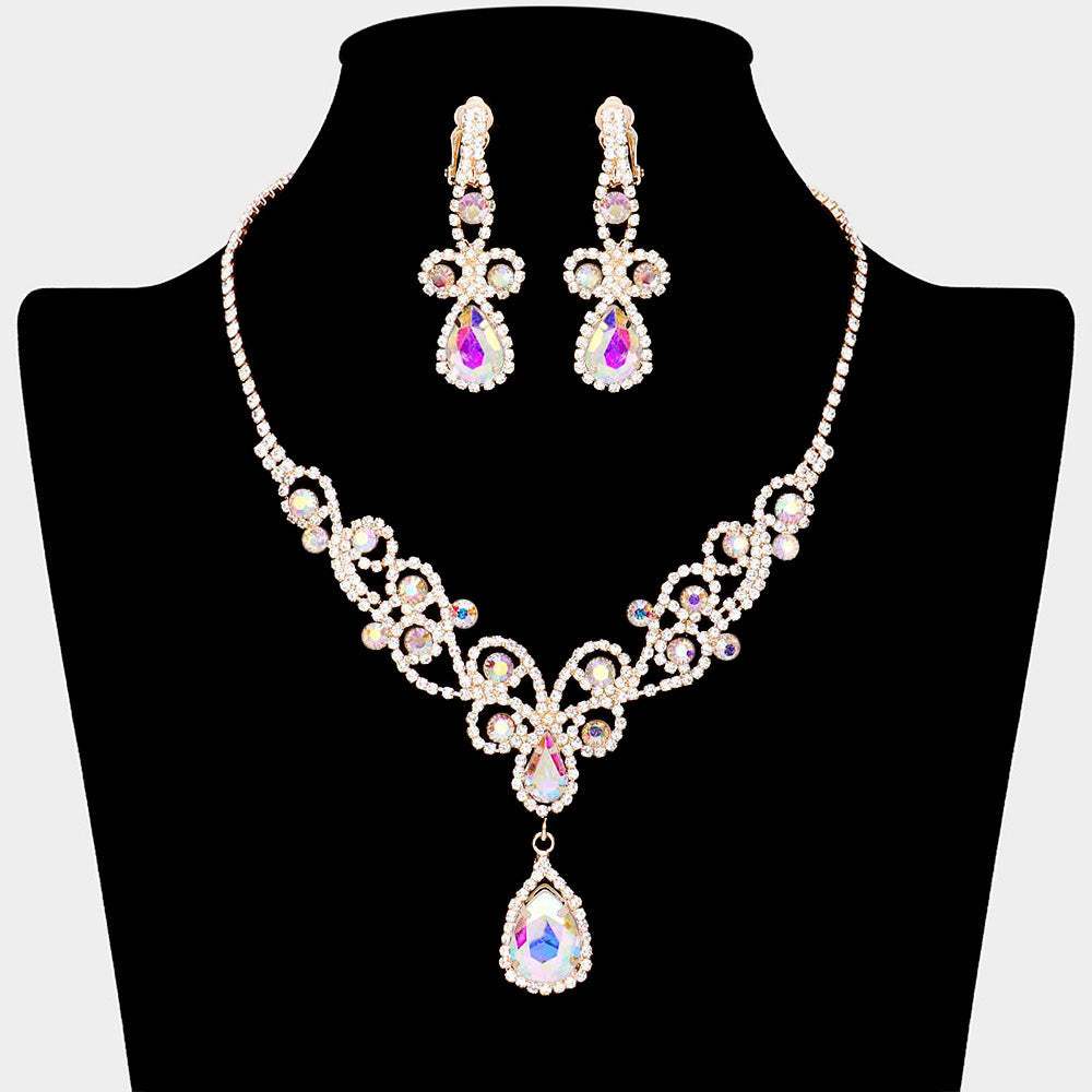 Teardrop Crystal Rhinestone Vine Drop Collar Necklace Clip on Earring Set - Madeline Love - Flyclothing LLC
