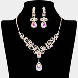 Teardrop Crystal Rhinestone Vine Drop Collar Necklace Clip on Earring Set - Madeline Love - Flyclothing LLC