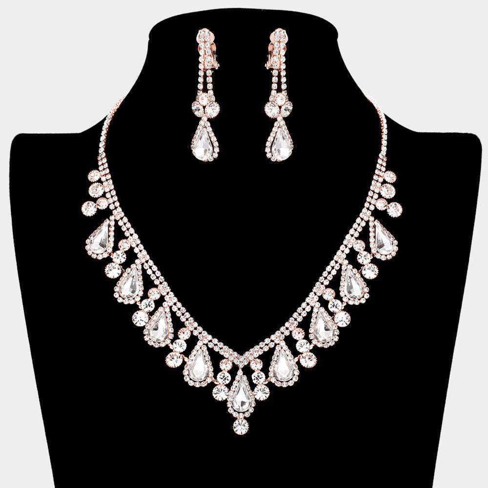 Crystal Rhinestone Bubbly Teardrop Necklace Clip on Earring Set - Madeline Love - Flyclothing LLC