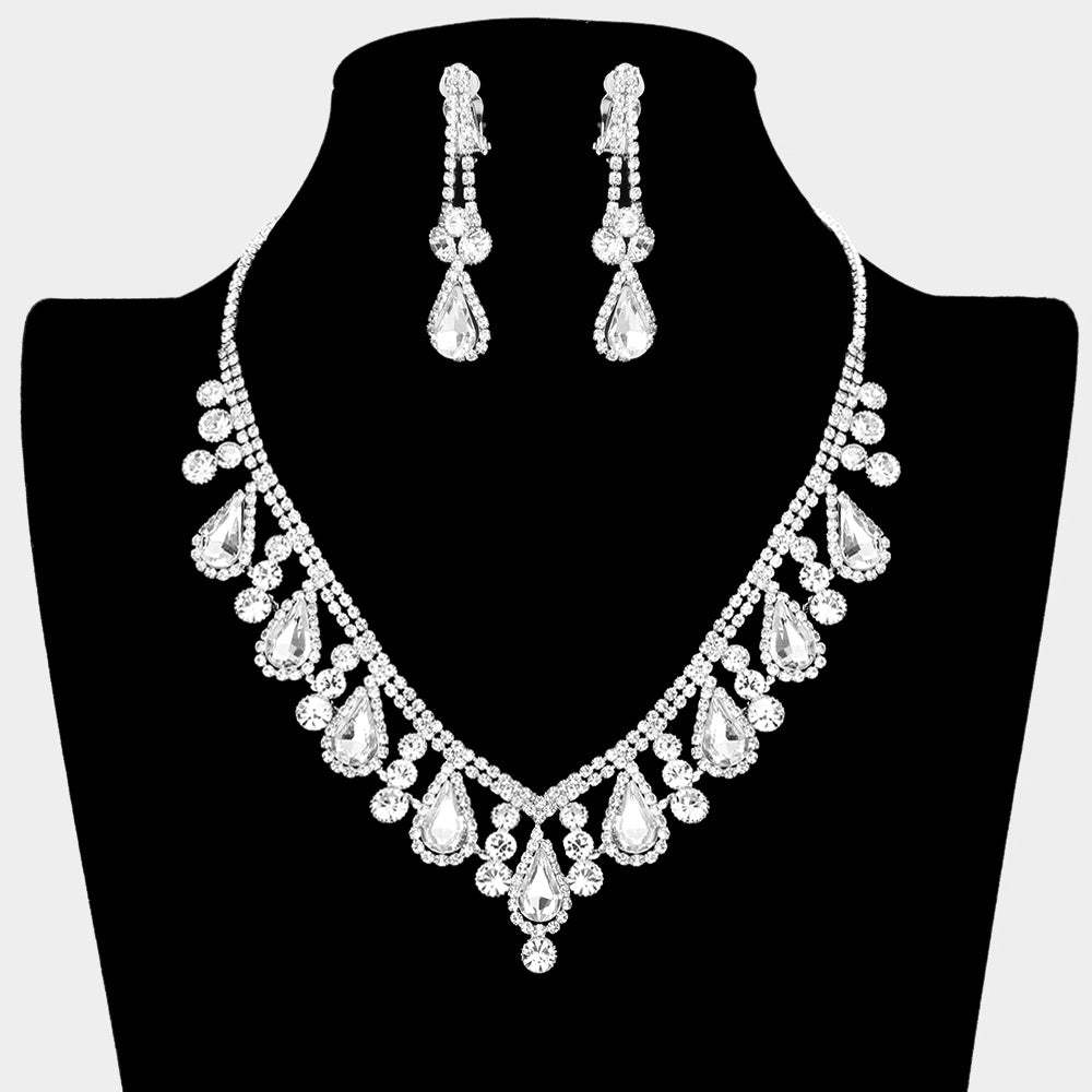 Crystal Rhinestone Bubbly Teardrop Necklace Clip on Earring Set - Madeline Love - Flyclothing LLC