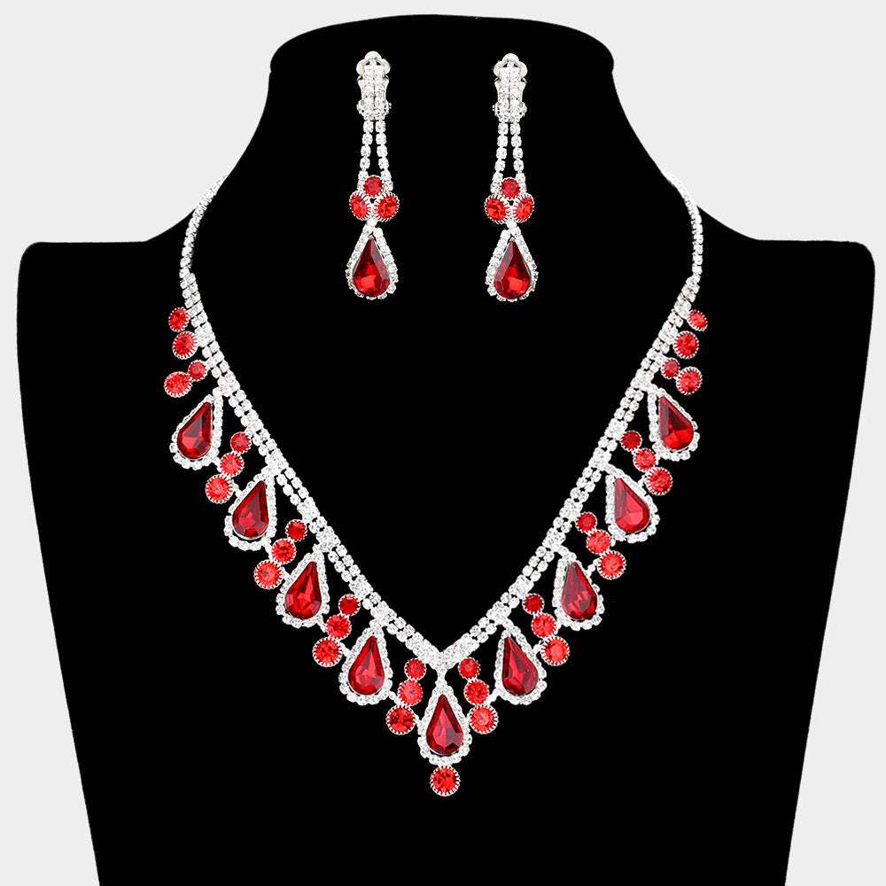 Crystal Rhinestone Bubbly Teardrop Necklace Clip on Earring Set - Madeline Love - Flyclothing LLC