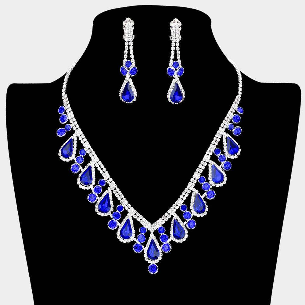 Crystal Rhinestone Bubbly Teardrop Necklace Clip on Earring Set - Madeline Love - Flyclothing LLC