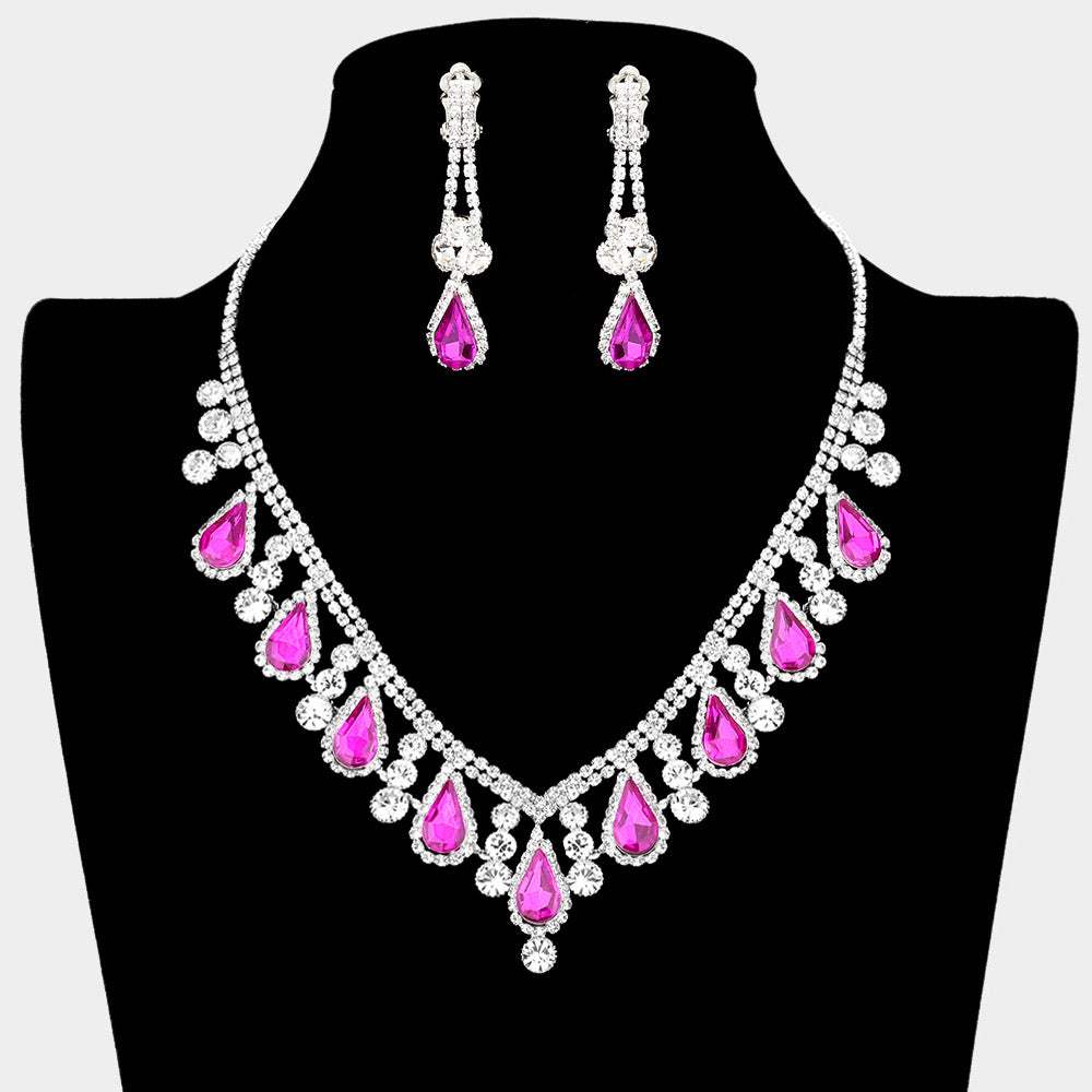 Crystal Rhinestone Bubbly Teardrop Necklace Clip on Earring Set - Madeline Love - Flyclothing LLC