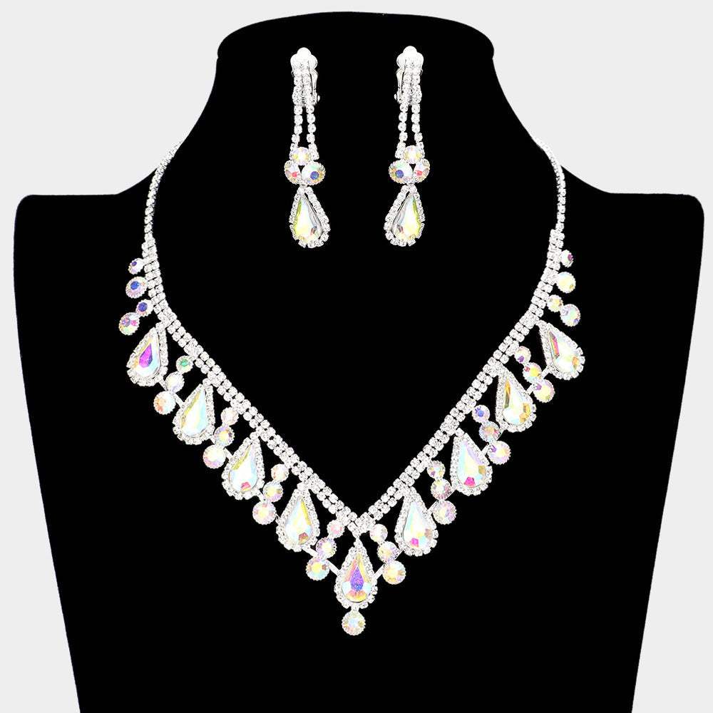 Crystal Rhinestone Bubbly Teardrop Necklace Clip on Earring Set - Madeline Love - Flyclothing LLC