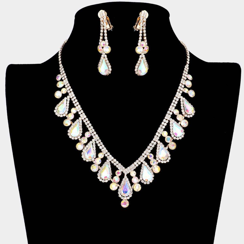 Crystal Rhinestone Bubbly Teardrop Necklace Clip on Earring Set - Madeline Love - Flyclothing LLC