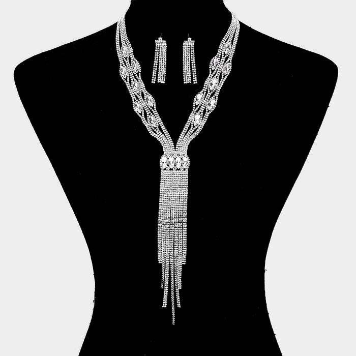 Rhinestone Trim Crystal Oval Fringe Necklace - Madeline Love - Flyclothing LLC