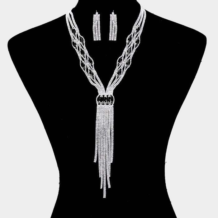 Rhinestone Trim Crystal Oval Fringe Necklace - Madeline Love - Flyclothing LLC
