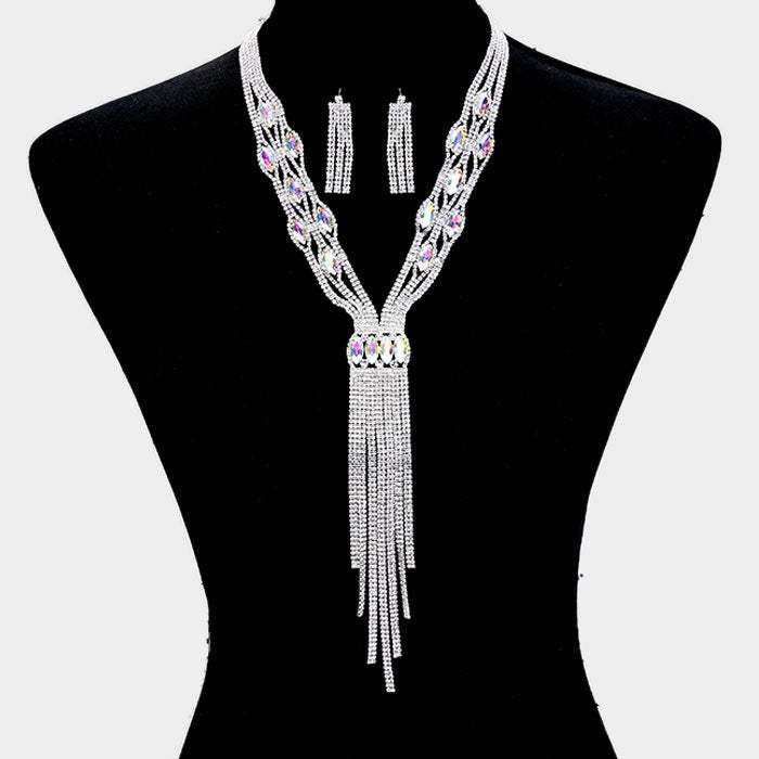 Rhinestone Trim Crystal Oval Fringe Necklace - Madeline Love - Flyclothing LLC