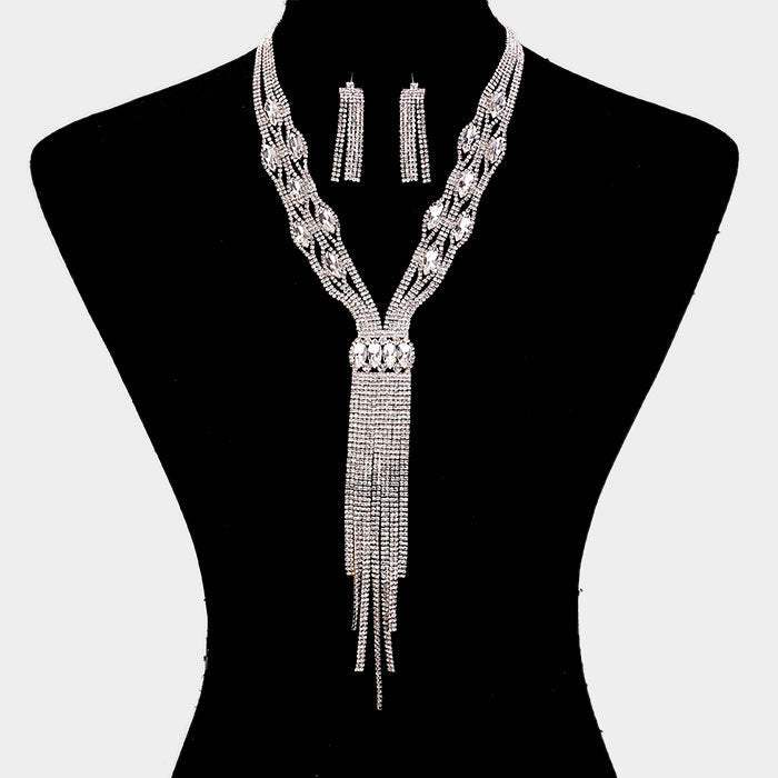 Rhinestone Trim Crystal Oval Fringe Necklace - Madeline Love - Flyclothing LLC
