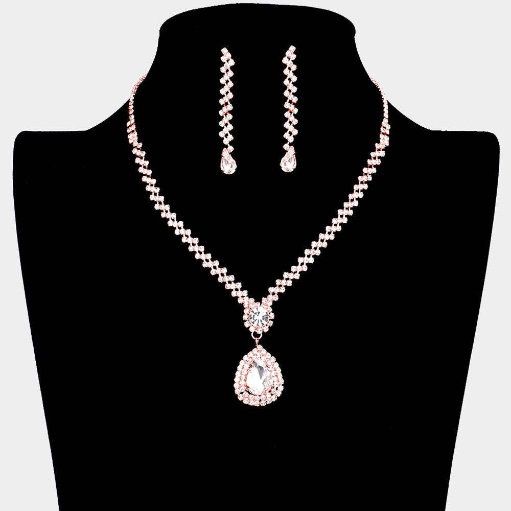Teardrop Crystal Rhinestone Necklace Earring Set - Madeline Love - Flyclothing LLC