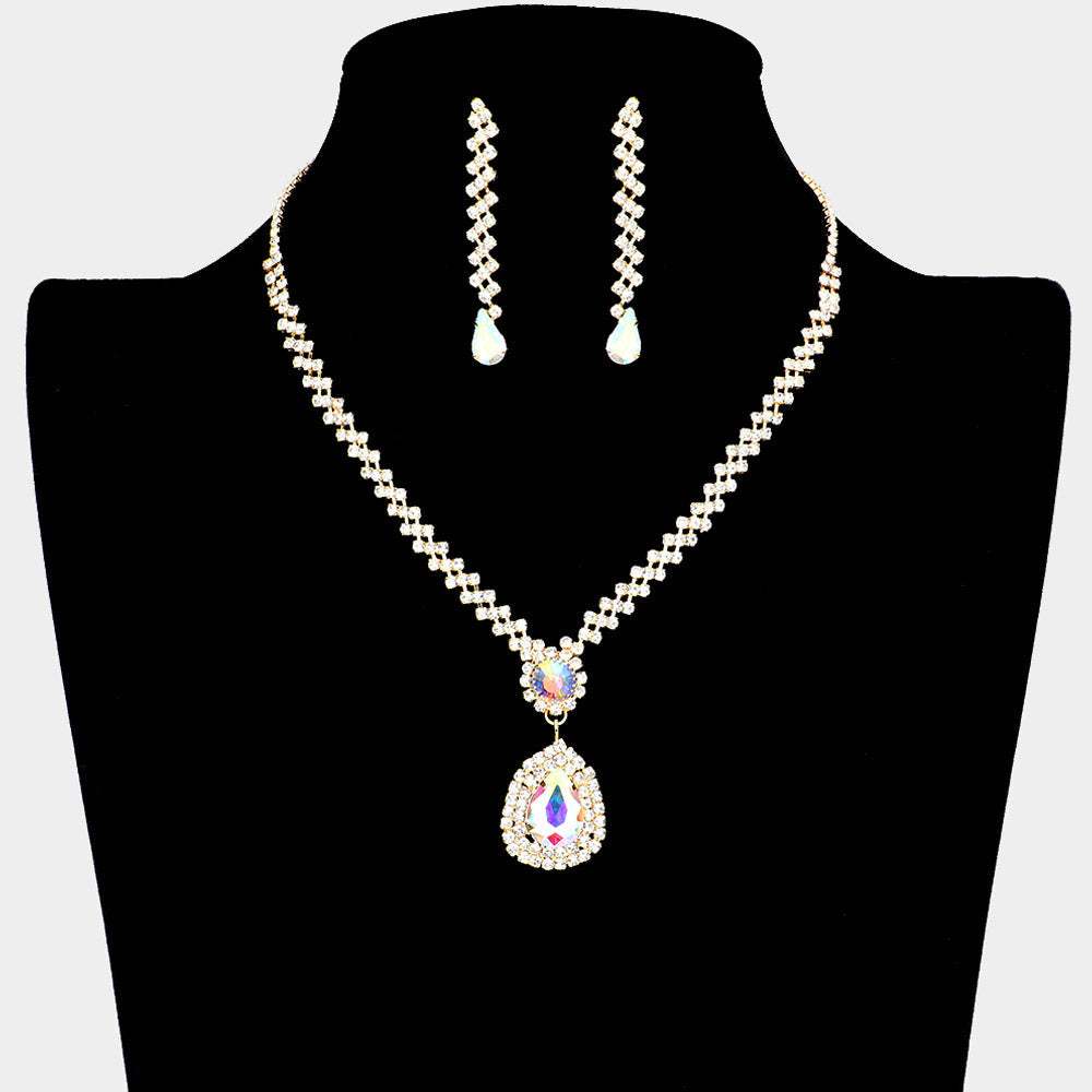 Teardrop Crystal Rhinestone Necklace Earring Set - Madeline Love - Flyclothing LLC