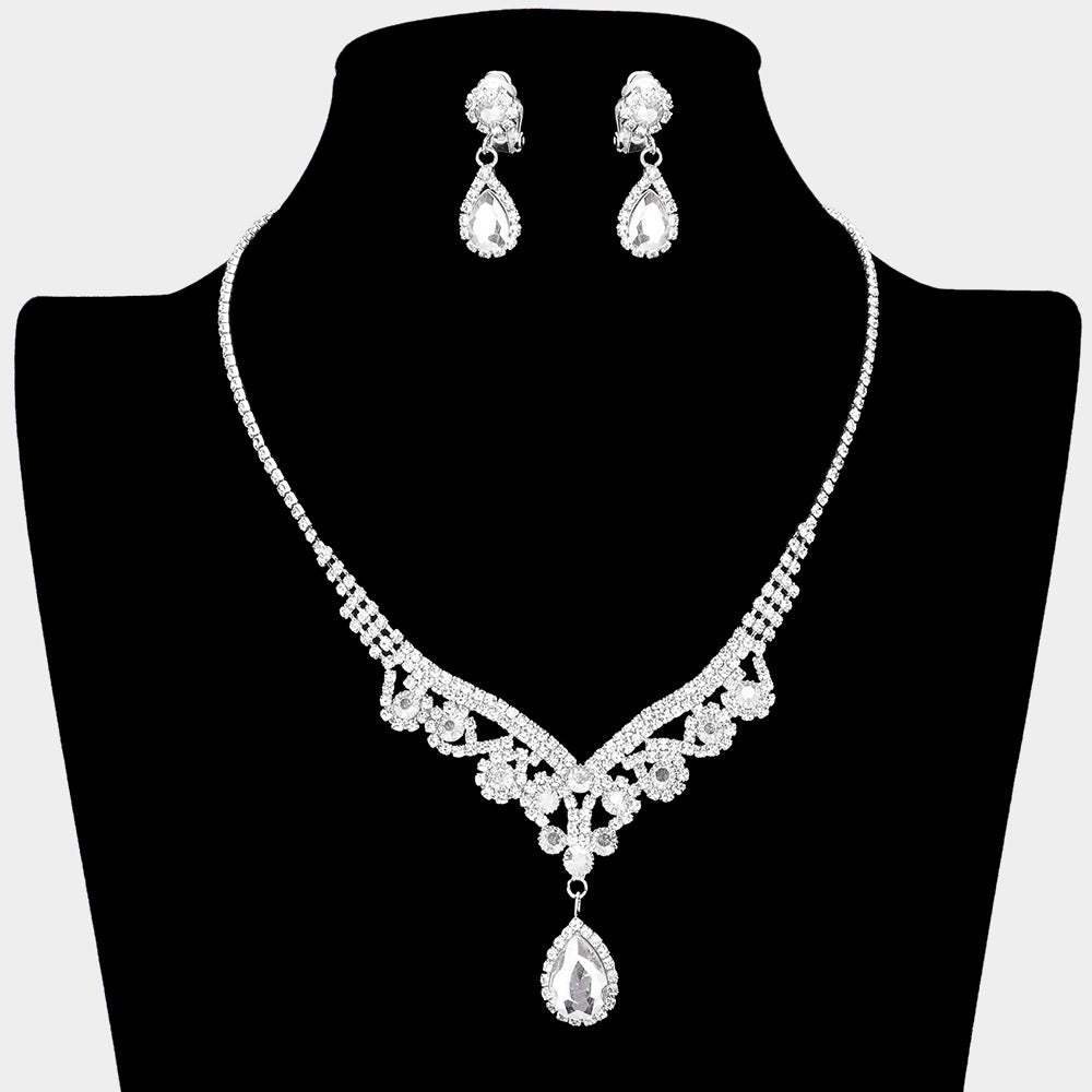 Teardrop Stone Accented Rhinestone Necklace Clip on Earring Set - Madeline Love - Flyclothing LLC