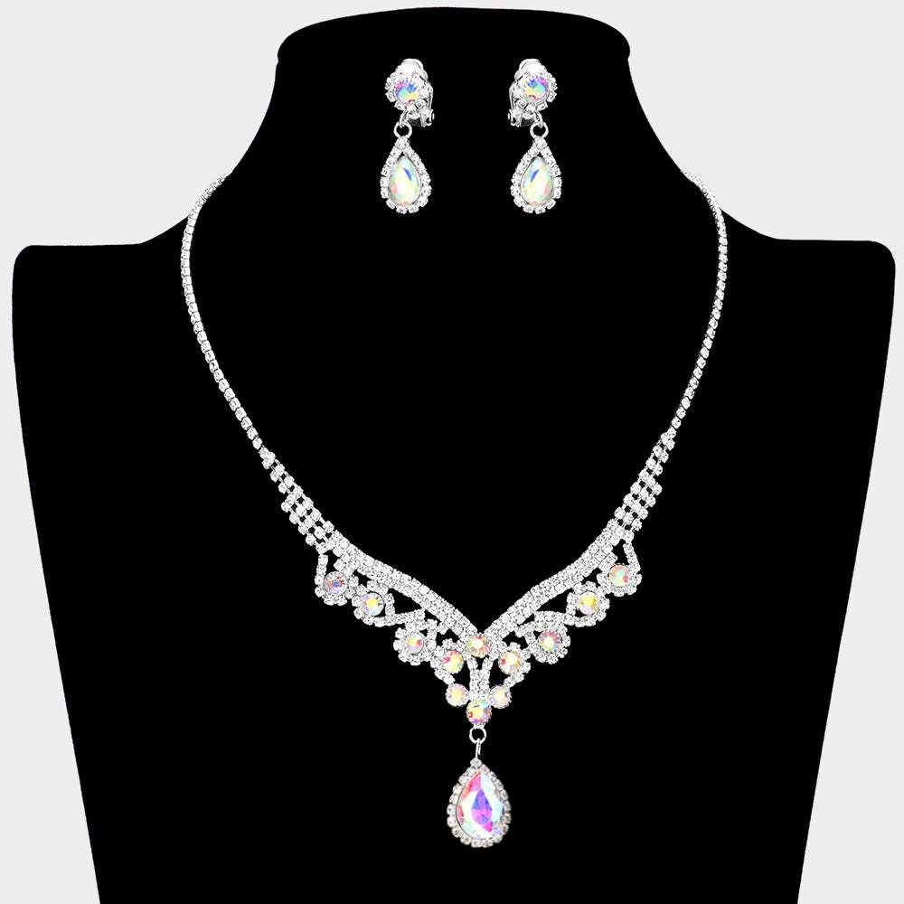 Teardrop Stone Accented Rhinestone Necklace Clip on Earring Set - Madeline Love - Flyclothing LLC
