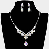 Teardrop Stone Accented Rhinestone Necklace Clip on Earring Set - Madeline Love - Flyclothing LLC