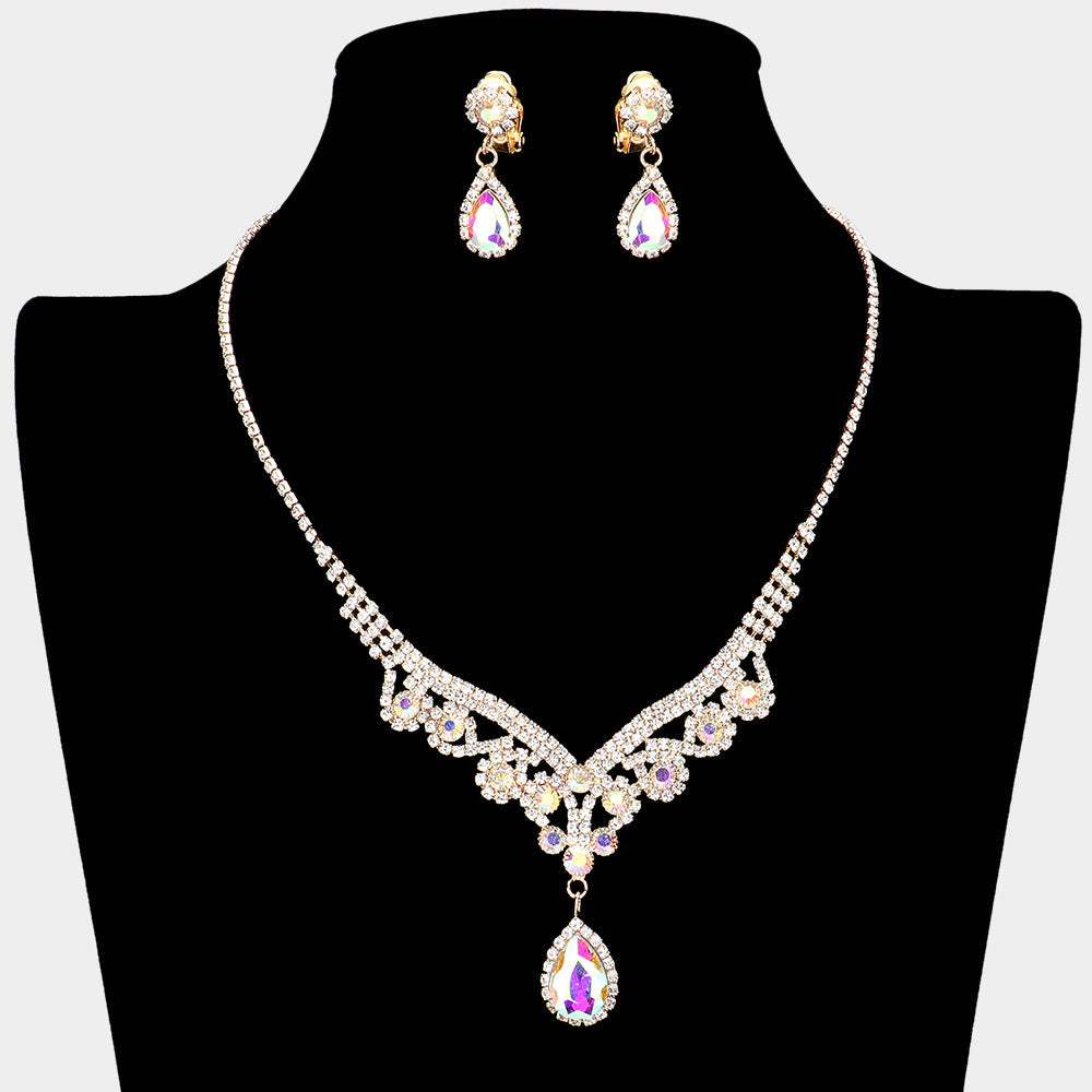 Teardrop Stone Accented Rhinestone Necklace Clip on Earring Set - Madeline Love - Flyclothing LLC