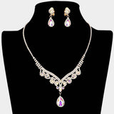 Teardrop Stone Accented Rhinestone Necklace Clip on Earring Set - Madeline Love - Flyclothing LLC