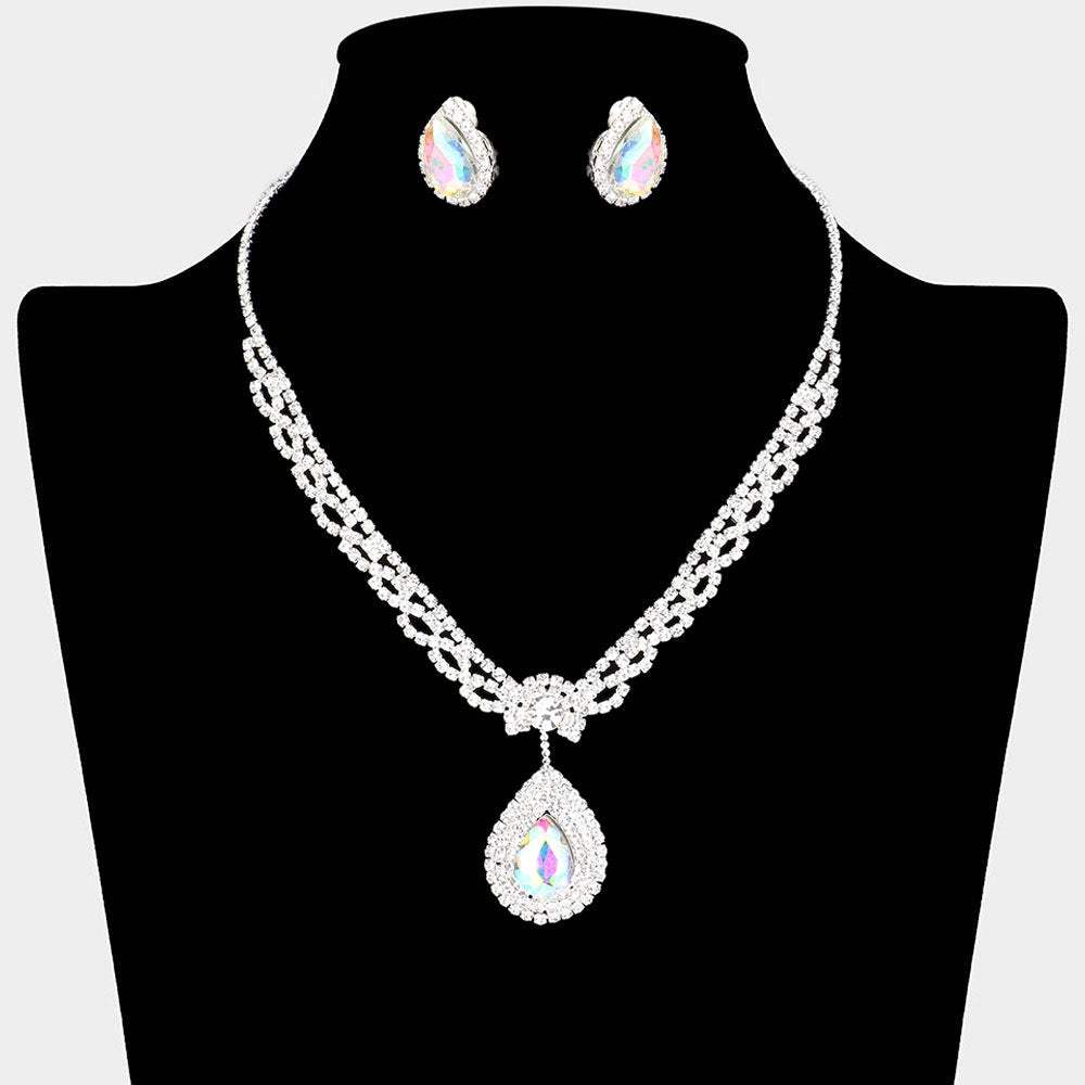 Teardrop Stone Pendant Accented Rhinestone Pave Necklace Clip on Earring Set - Madeline Love - Flyclothing LLC