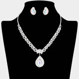 Teardrop Stone Pendant Accented Rhinestone Pave Necklace Clip on Earring Set - Madeline Love - Flyclothing LLC