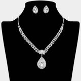 Teardrop Stone Pendant Accented Rhinestone Pave Necklace Clip on Earring Set - Madeline Love - Flyclothing LLC