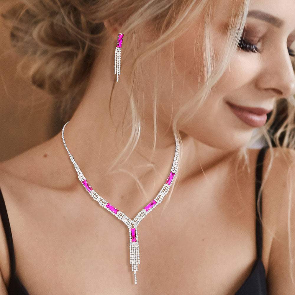 Rectangle Stone Accented Rhinestone Fringe Tip Necklaces - Madeline Love - Flyclothing LLC