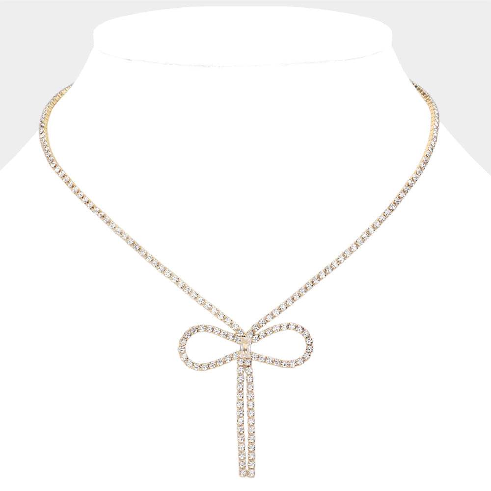Rhinestone Paved Bow Pointed Necklace - Madeline Love - Flyclothing LLC