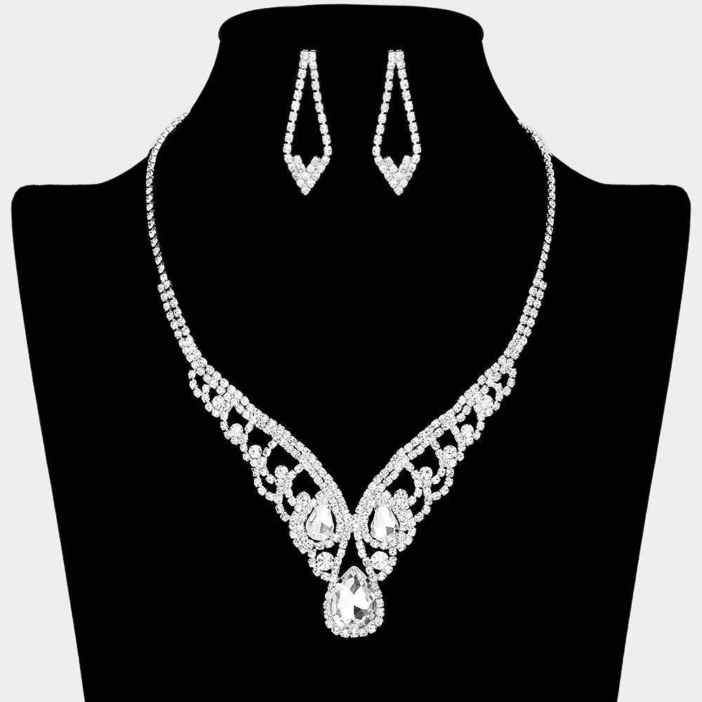 Teardrop Stone Accented Rhinestone Paved V Shape Necklace - Madeline Love - Flyclothing LLC