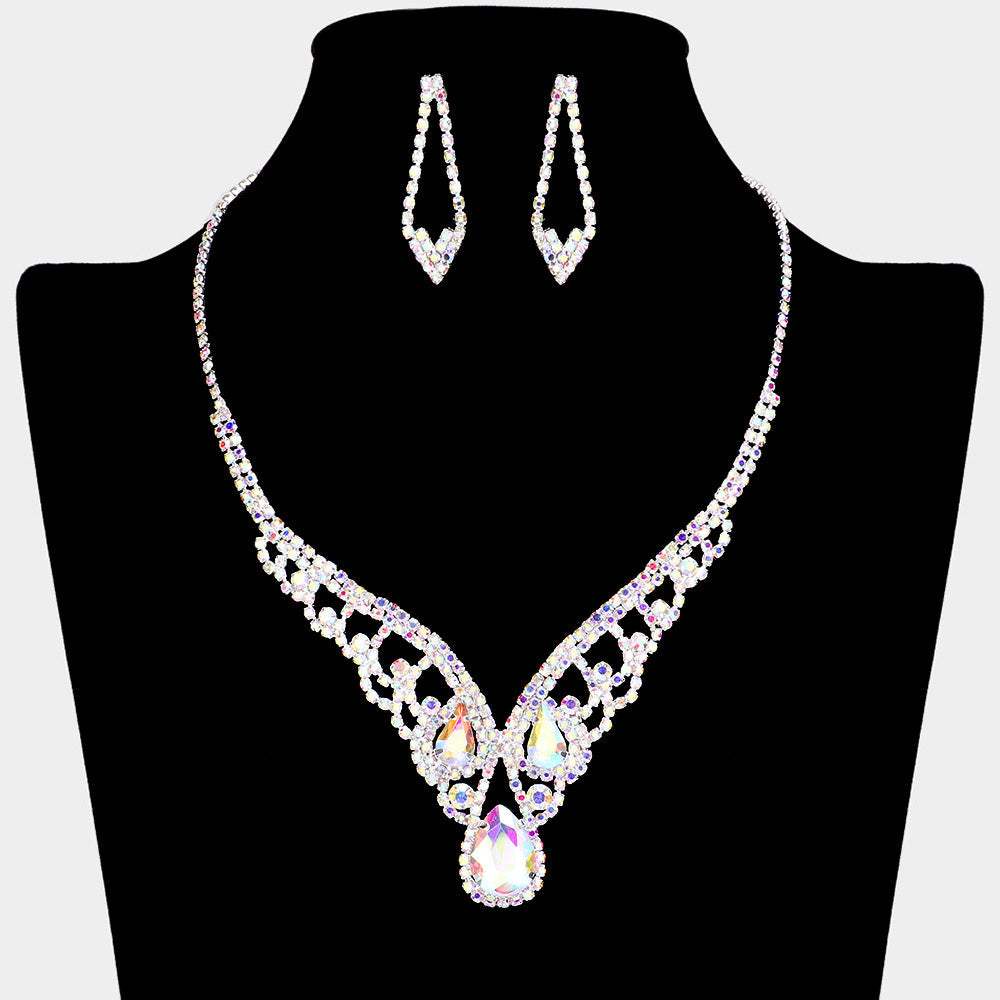 Teardrop Stone Accented Rhinestone Paved V Shape Necklace - Madeline Love - Flyclothing LLC