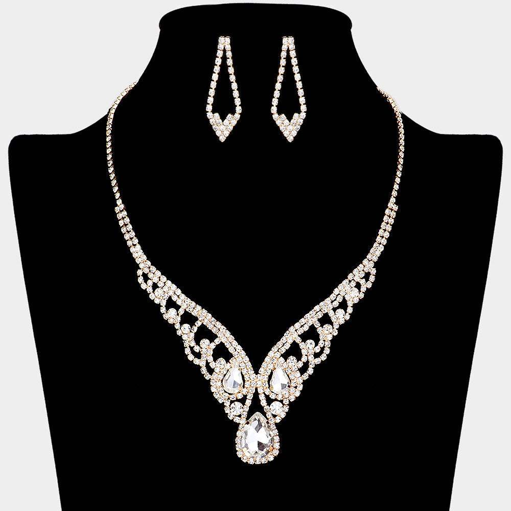 Teardrop Stone Accented Rhinestone Paved V Shape Necklace - Madeline Love - Flyclothing LLC