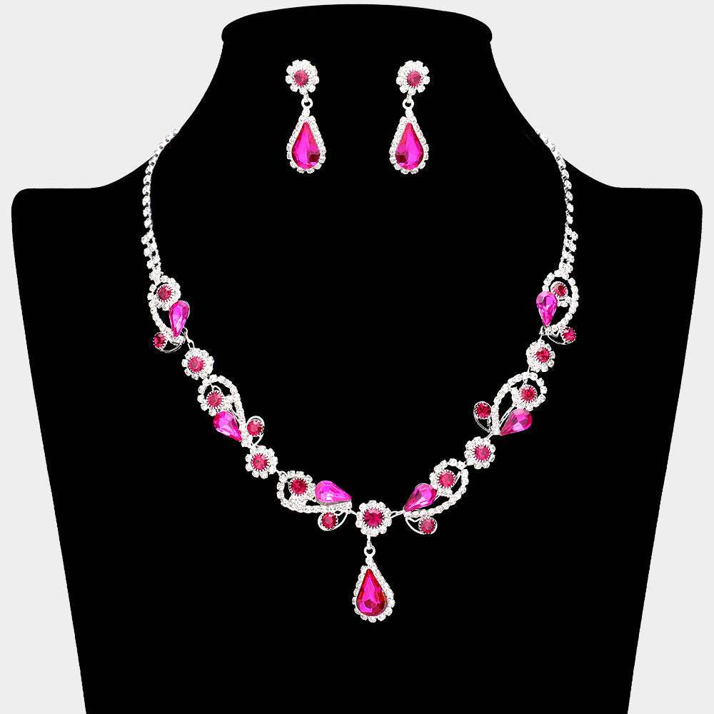 Teardrop Pendant Flower Pointed Rhinestone Paved Necklace - Madeline Love - Flyclothing LLC