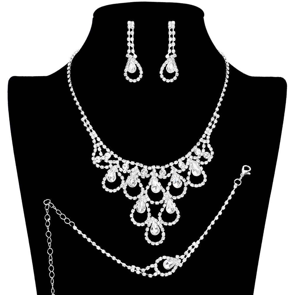 3PCS Teardrop Stone Accented Rhinestone Necklace Jewelry Set - Madeline Love - Flyclothing LLC