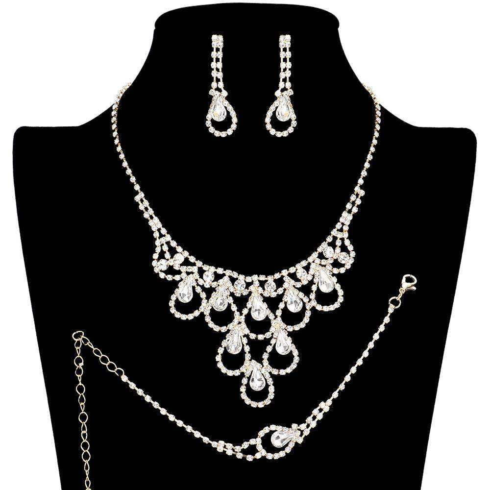 3PCS Teardrop Stone Accented Rhinestone Necklace Jewelry Set - Madeline Love - Flyclothing LLC