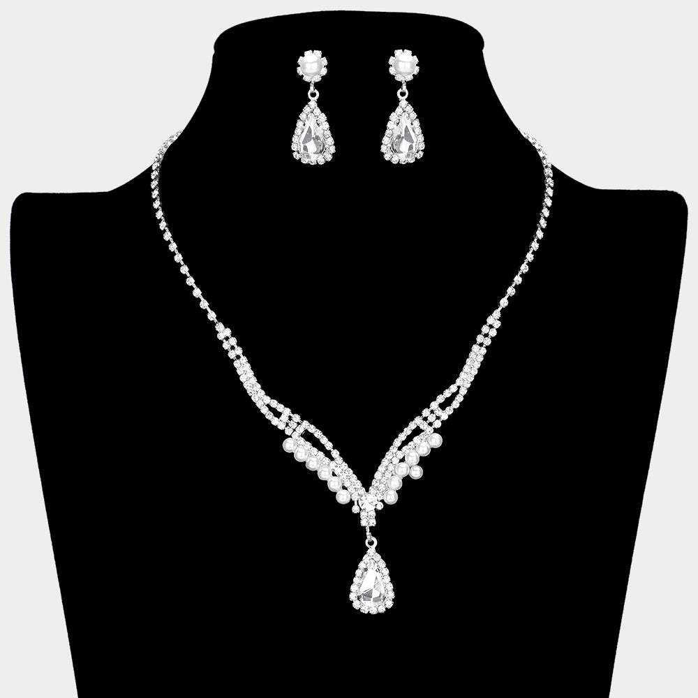 Teardrop Stone Pointed Pearl Rhinestone Paved Necklace - Madeline Love - Flyclothing LLC
