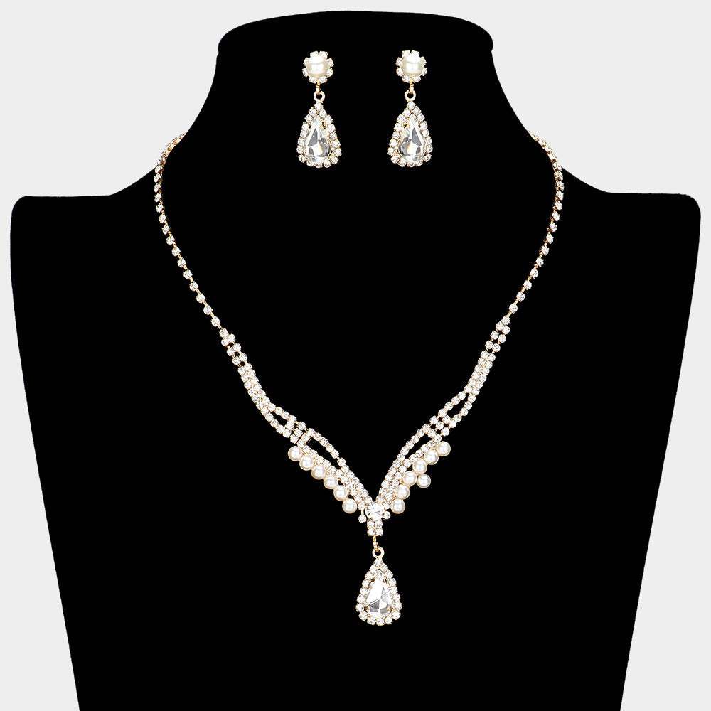 Teardrop Stone Pointed Pearl Rhinestone Paved Necklace - Madeline Love - Flyclothing LLC