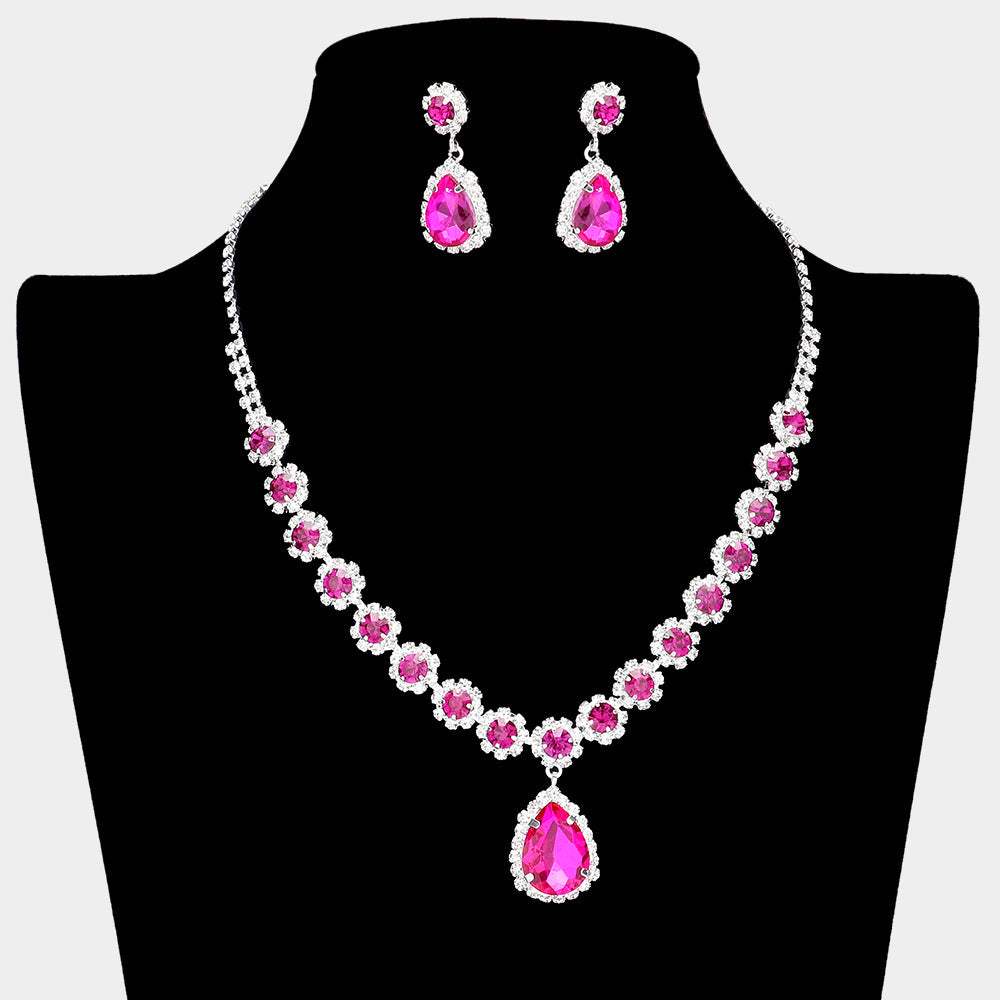 Teardrop Stone Pointed Flower Rhinestone Paved Necklace - Madeline Love - Flyclothing LLC