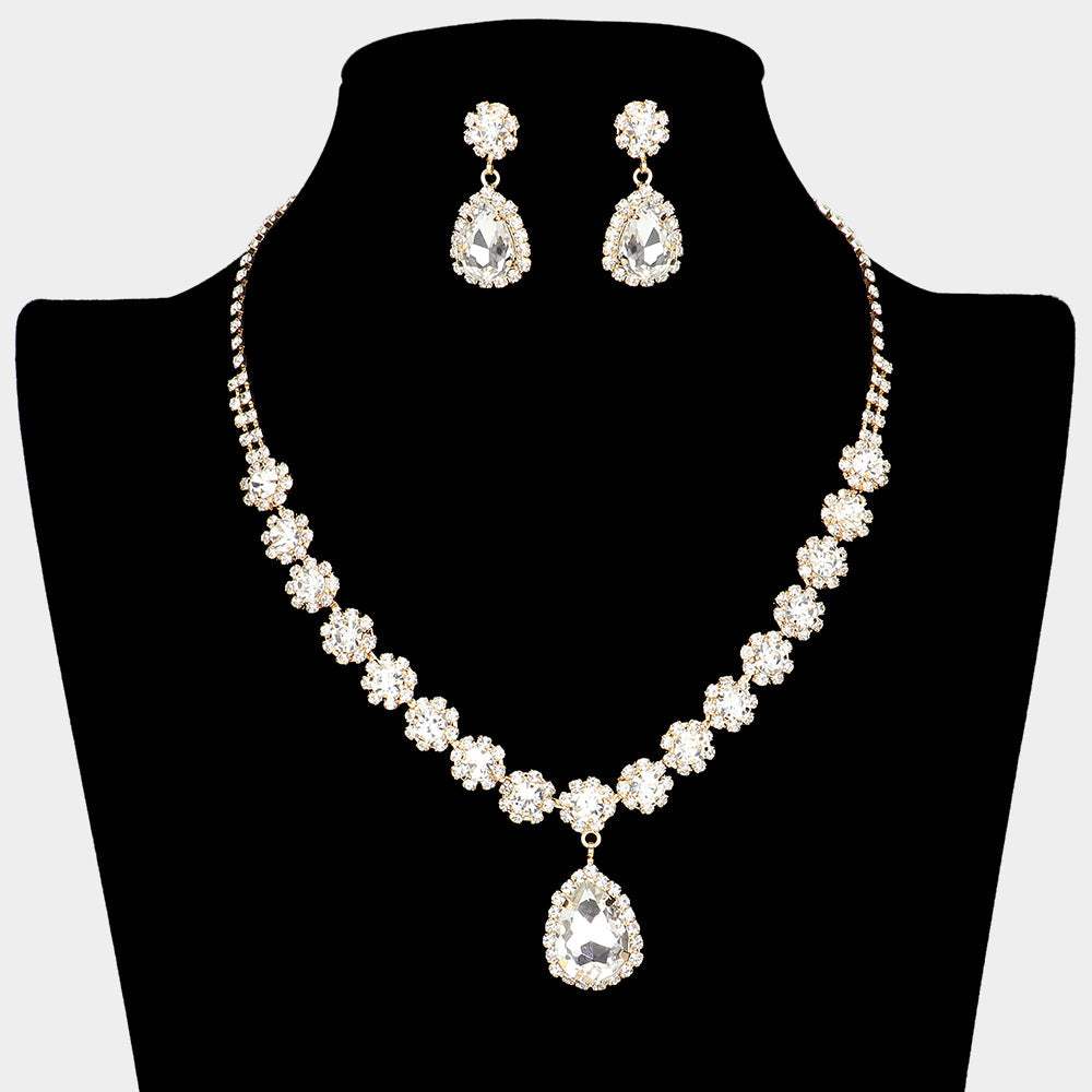 Teardrop Stone Pointed Flower Rhinestone Paved Necklace - Madeline Love - Flyclothing LLC